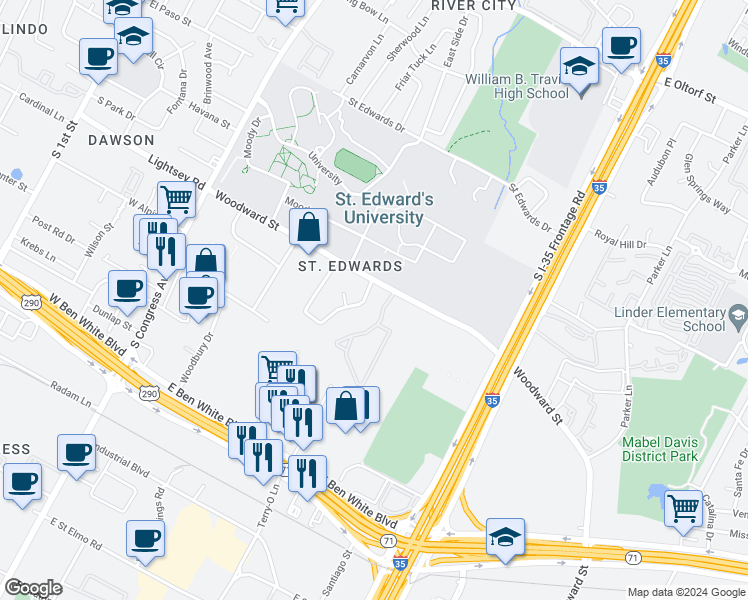 map of restaurants, bars, coffee shops, grocery stores, and more near 3464 Willowrun Drive in Austin
