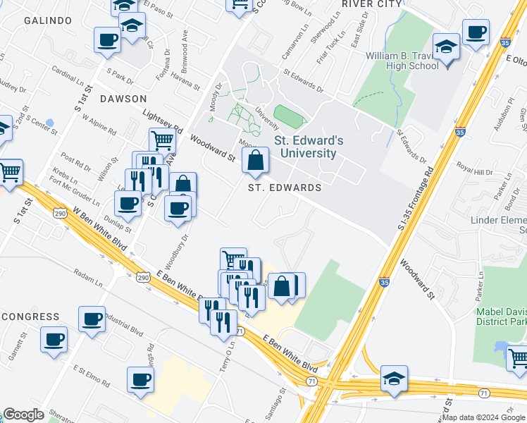 map of restaurants, bars, coffee shops, grocery stores, and more near 3449 Willowrun Drive in Austin