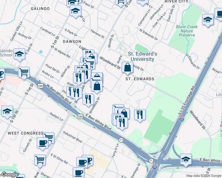 map of restaurants, bars, coffee shops, grocery stores, and more near 3615 Willow Springs Road in Austin