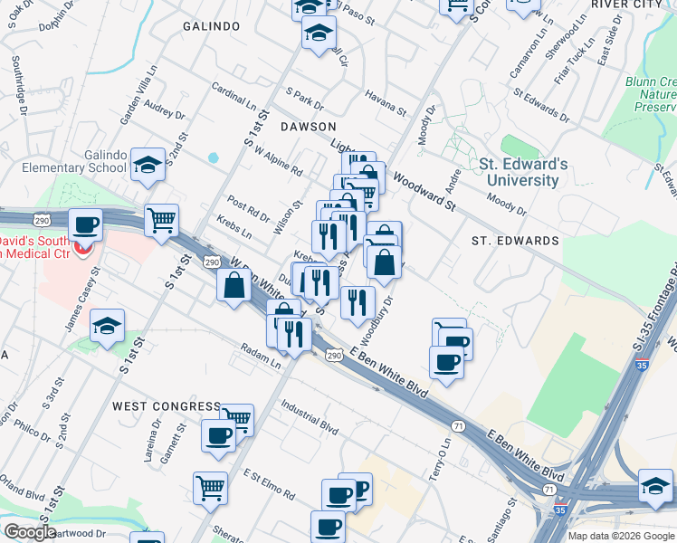 map of restaurants, bars, coffee shops, grocery stores, and more near in Austin