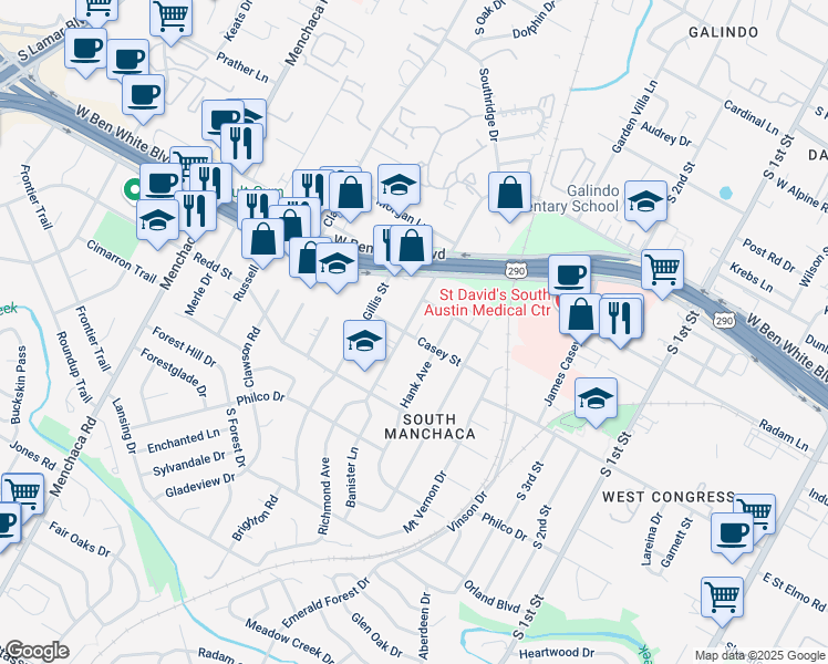 map of restaurants, bars, coffee shops, grocery stores, and more near 1207 Casey Street in Austin