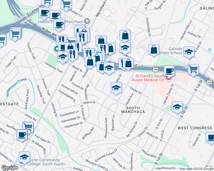 map of restaurants, bars, coffee shops, grocery stores, and more near 4422 Gillis Street in Austin