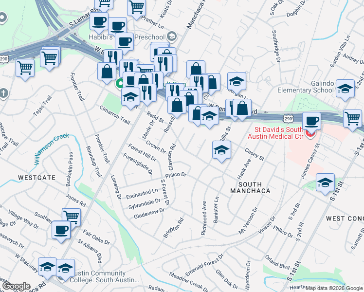 map of restaurants, bars, coffee shops, grocery stores, and more near 4511 Clawson Road in Austin