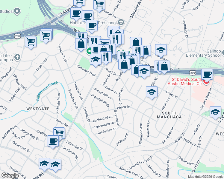 map of restaurants, bars, coffee shops, grocery stores, and more near 1709 Crown Drive in Austin