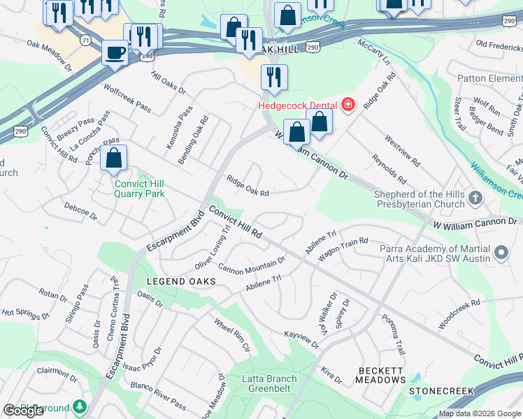 map of restaurants, bars, coffee shops, grocery stores, and more near 5907 Charles Schreiner Trail in Austin