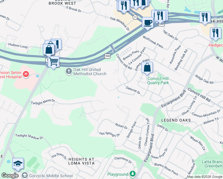 map of restaurants, bars, coffee shops, grocery stores, and more near 6813 Poncha Pass in Austin