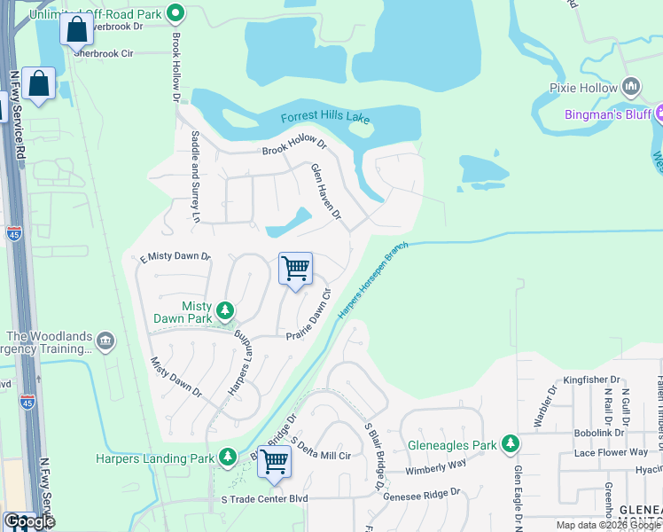 map of restaurants, bars, coffee shops, grocery stores, and more near 78 West Prairie Dawn Circle in Conroe