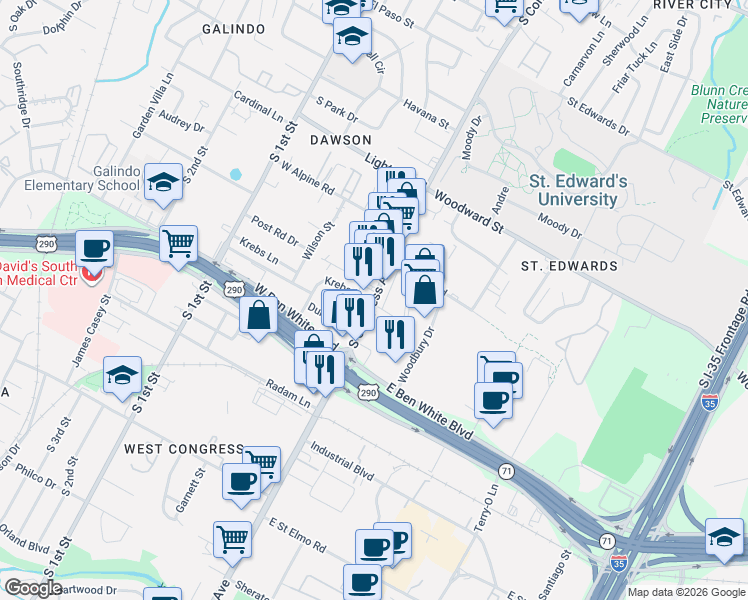 map of restaurants, bars, coffee shops, grocery stores, and more near in Austin