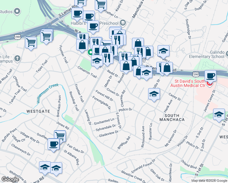 map of restaurants, bars, coffee shops, grocery stores, and more near 1709 Crown Drive in Austin