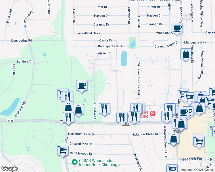 map of restaurants, bars, coffee shops, grocery stores, and more near 7211 Autumn Day Court in Magnolia