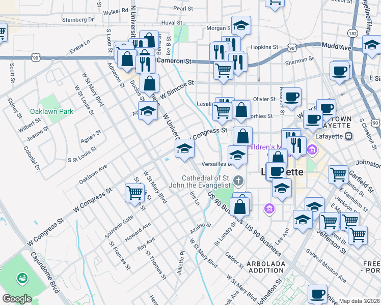 map of restaurants, bars, coffee shops, grocery stores, and more near 1301-1399 W University Ave in Lafayette