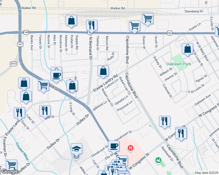 map of restaurants, bars, coffee shops, grocery stores, and more near 115 Delmar Lane in Lafayette