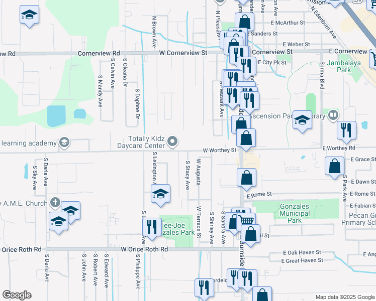 map of restaurants, bars, coffee shops, grocery stores, and more near 612 West Worthy Street in Gonzales