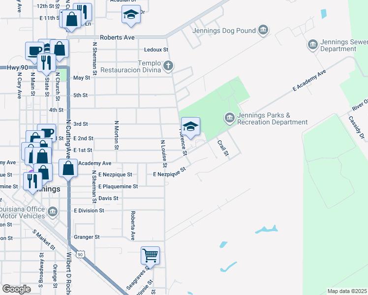 map of restaurants, bars, coffee shops, grocery stores, and more near 620 Florence Street in Jennings