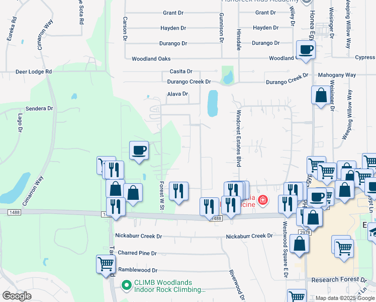 map of restaurants, bars, coffee shops, grocery stores, and more near 33119 Cottonwood Bend in Magnolia