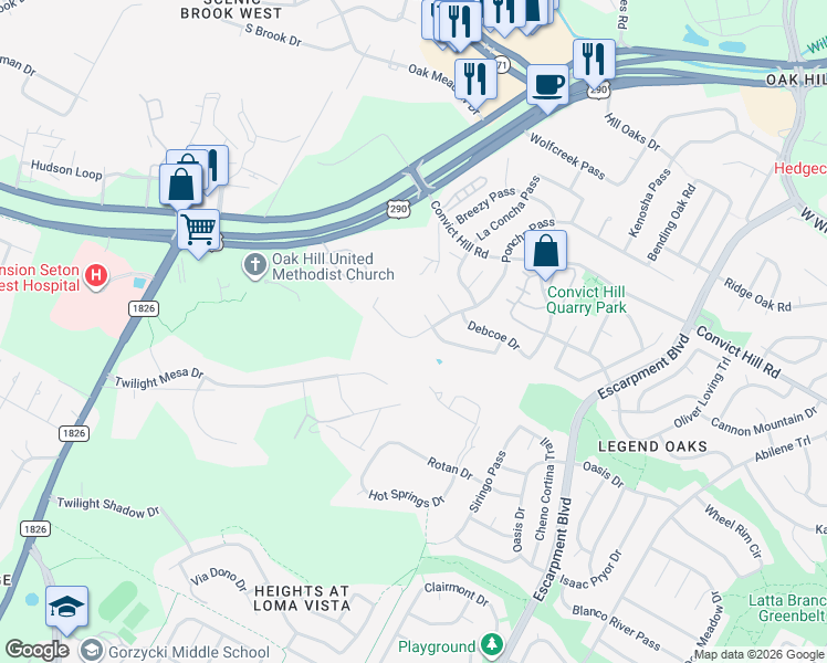 map of restaurants, bars, coffee shops, grocery stores, and more near 6813 Poncha Pass in Austin