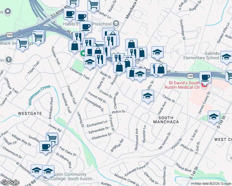 map of restaurants, bars, coffee shops, grocery stores, and more near 4511 Clawson Road in Austin