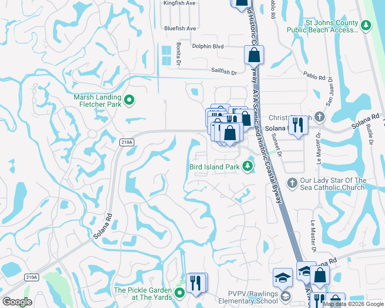 map of restaurants, bars, coffee shops, grocery stores, and more near 400 Sandiron Circle in Ponte Vedra Beach
