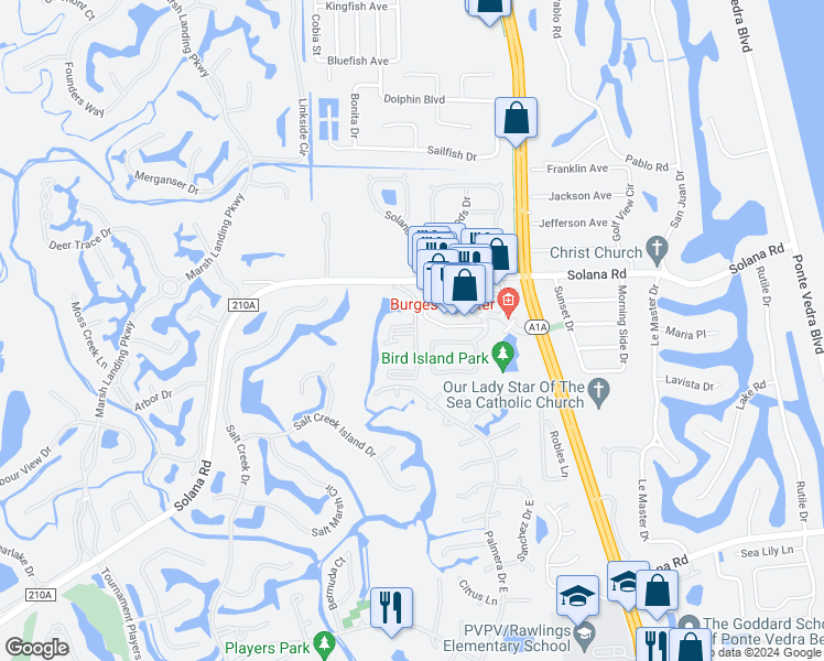 map of restaurants, bars, coffee shops, grocery stores, and more near 600 Sandiron Circle in Ponte Vedra Beach
