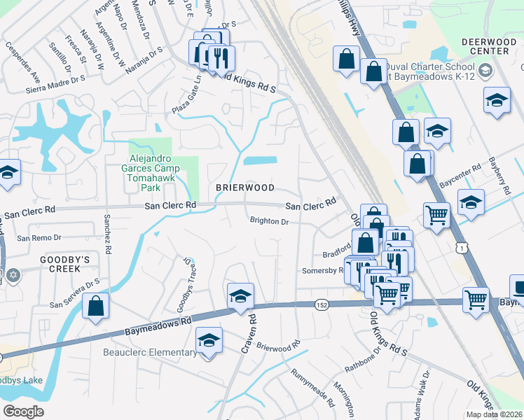 map of restaurants, bars, coffee shops, grocery stores, and more near 4850 Brighton Drive in Jacksonville