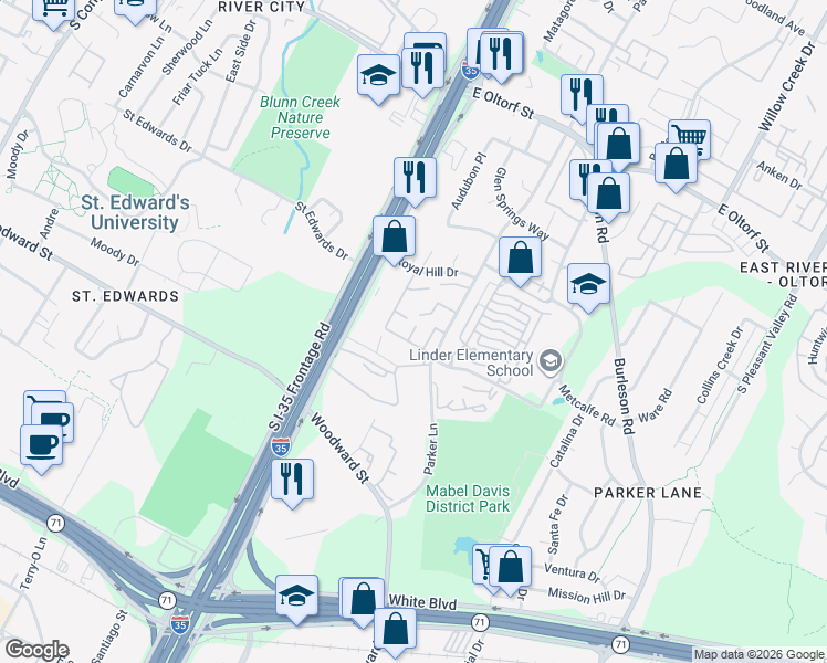 map of restaurants, bars, coffee shops, grocery stores, and more near 3001 Timber Lane in Austin