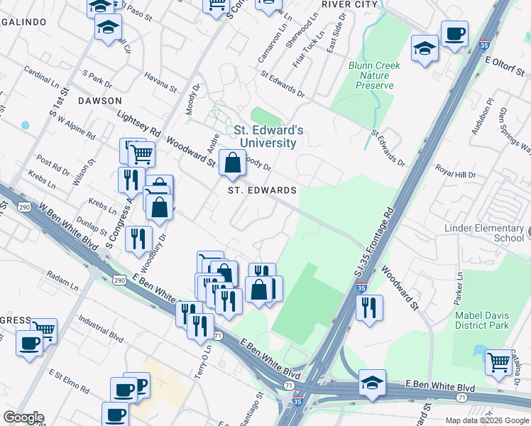 map of restaurants, bars, coffee shops, grocery stores, and more near 3464 Willowrun Drive in Austin