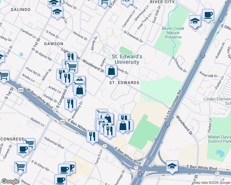map of restaurants, bars, coffee shops, grocery stores, and more near 3449 Willowrun Drive in Austin