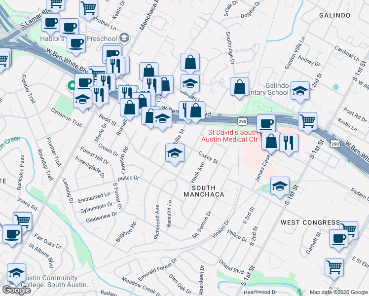 map of restaurants, bars, coffee shops, grocery stores, and more near 4406 Banister Lane in Austin
