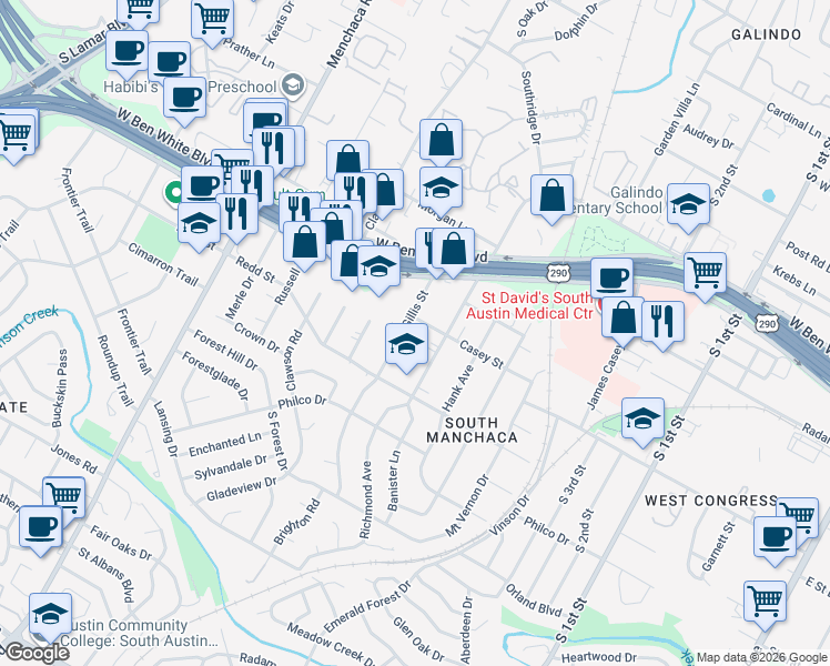 map of restaurants, bars, coffee shops, grocery stores, and more near 4406 Banister Lane in Austin