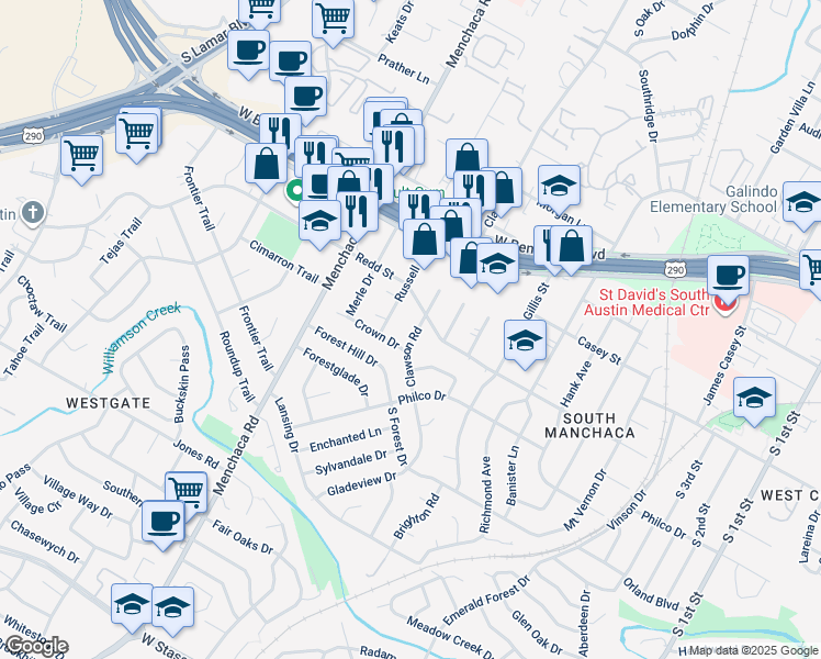 map of restaurants, bars, coffee shops, grocery stores, and more near 4511 Clawson Road in Austin