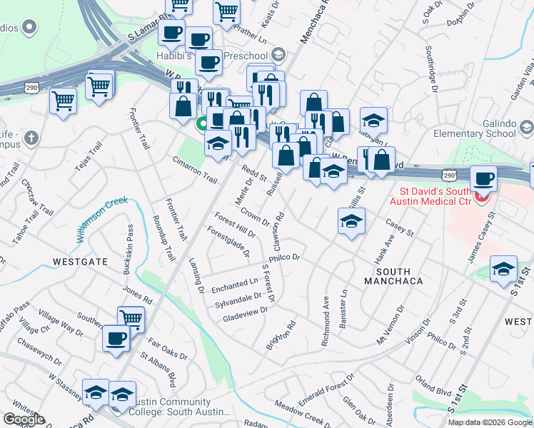 map of restaurants, bars, coffee shops, grocery stores, and more near 1709 Crown Drive in Austin