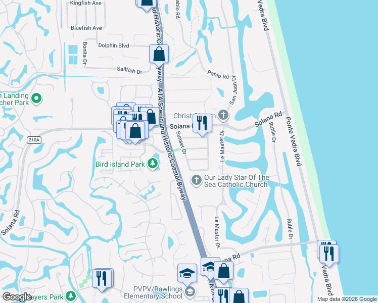 map of restaurants, bars, coffee shops, grocery stores, and more near 38 Monterey Street in Ponte Vedra Beach