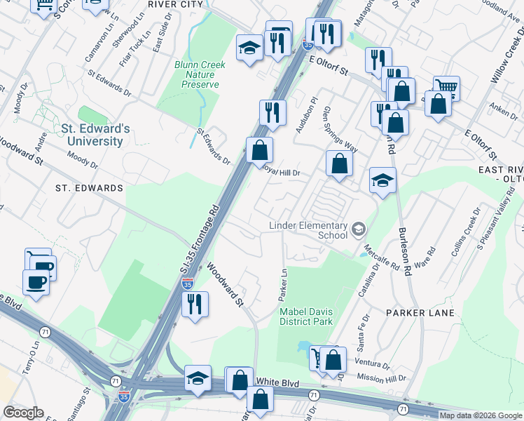 map of restaurants, bars, coffee shops, grocery stores, and more near 1720 Timber Ridge Road in Austin