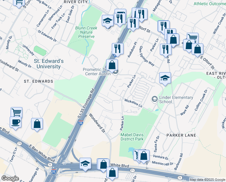 map of restaurants, bars, coffee shops, grocery stores, and more near 1720 Timber Ridge Road in Austin