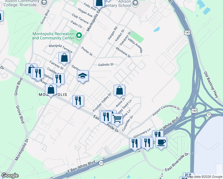 map of restaurants, bars, coffee shops, grocery stores, and more near 1518 Frontier Valley Drive in Austin