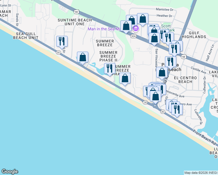 map of restaurants, bars, coffee shops, grocery stores, and more near 17351 Front Beach Road in Panama City Beach