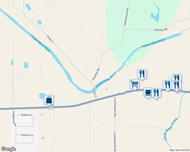 map of restaurants, bars, coffee shops, grocery stores, and more near 182 Pfeiffer Road in Fredericksburg