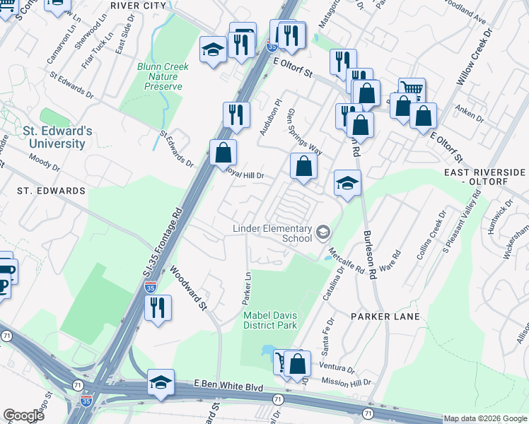 map of restaurants, bars, coffee shops, grocery stores, and more near 3003 Parker Lane in Austin