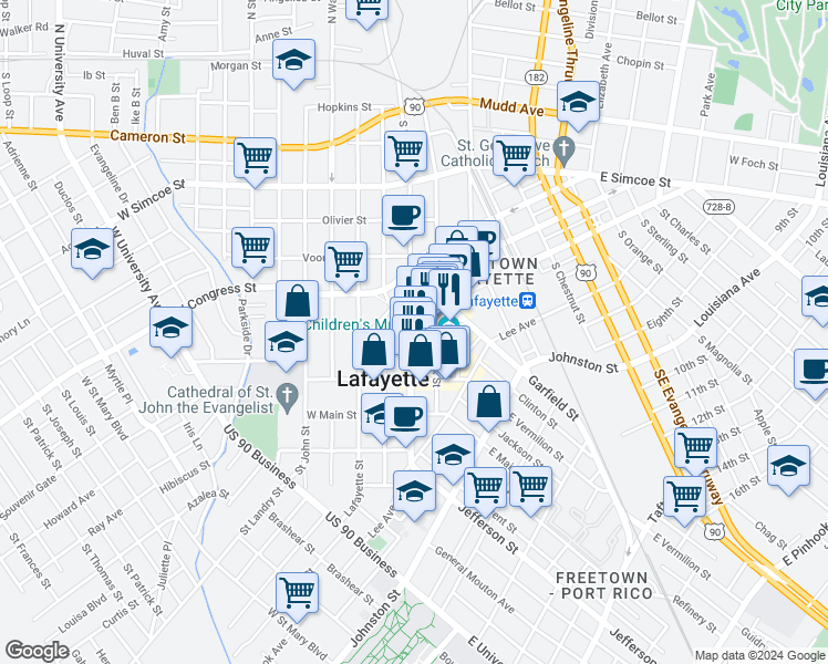 map of restaurants, bars, coffee shops, grocery stores, and more near 500 Jefferson Street in Lafayette