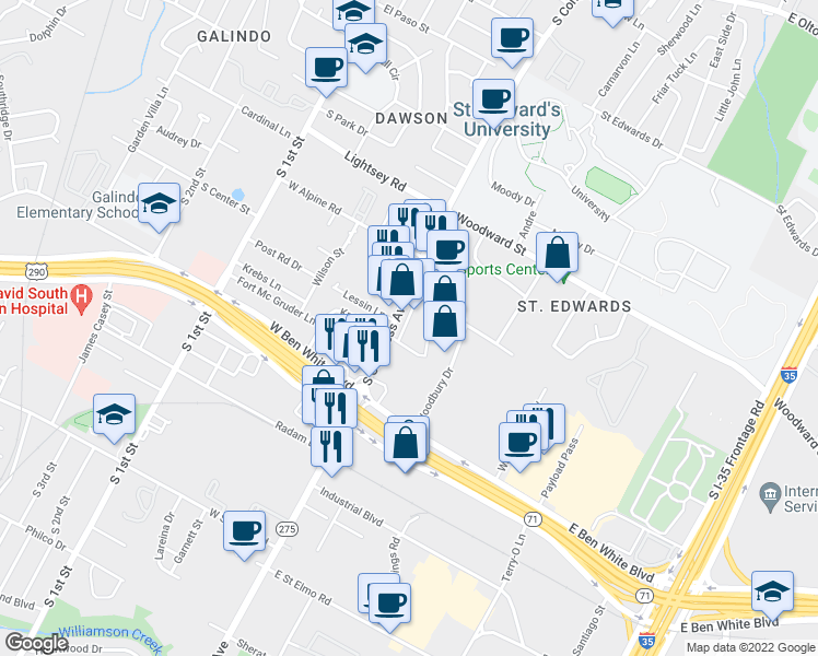 map of restaurants, bars, coffee shops, grocery stores, and more near 3809 South Congress Avenue in Austin