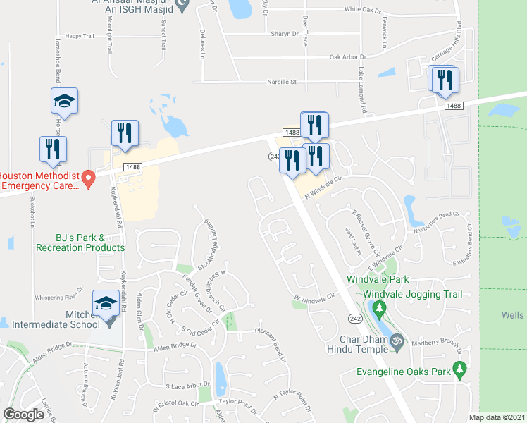 map of restaurants, bars, coffee shops, grocery stores, and more near 3 West Greenhill Terrace Place in Spring