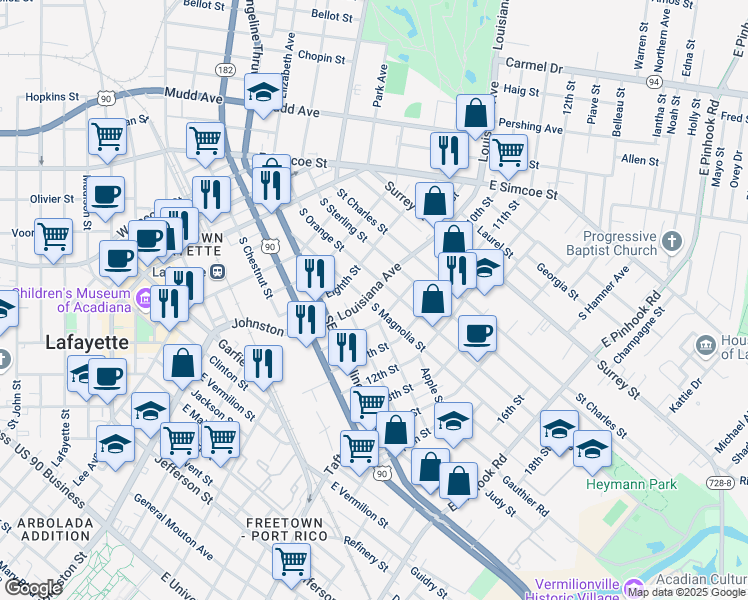 map of restaurants, bars, coffee shops, grocery stores, and more near 507 South Magnolia Street in Lafayette