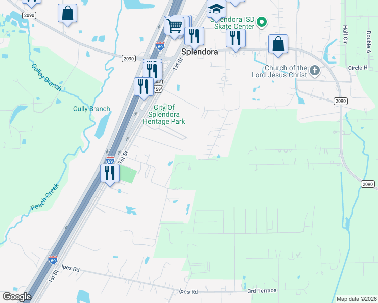 map of restaurants, bars, coffee shops, grocery stores, and more near 15080 Usher Lane in Splendora