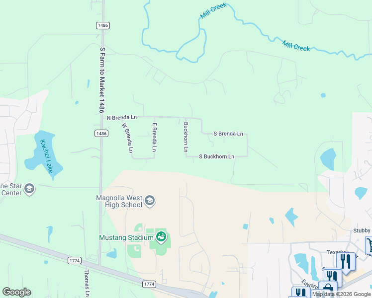 map of restaurants, bars, coffee shops, grocery stores, and more near 818 Buckhorn Ln in Magnolia