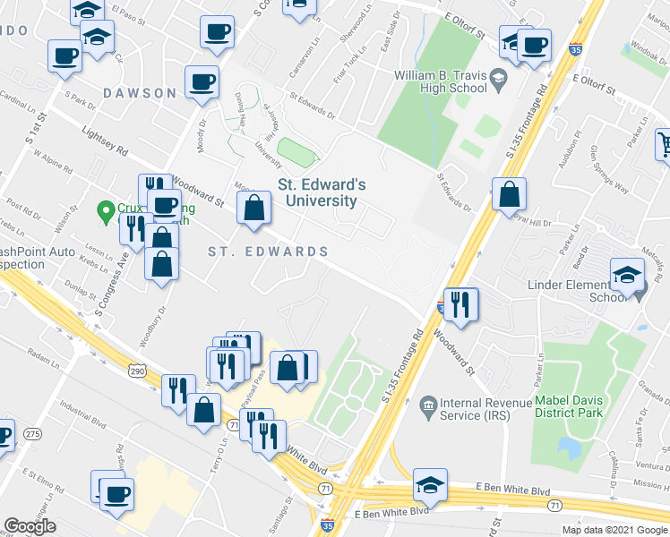 map of restaurants, bars, coffee shops, grocery stores, and more near 701 Woodward Street in Austin
