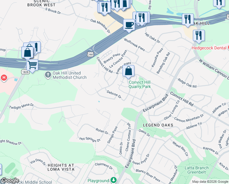 map of restaurants, bars, coffee shops, grocery stores, and more near 6706 Telluride Trail in Austin