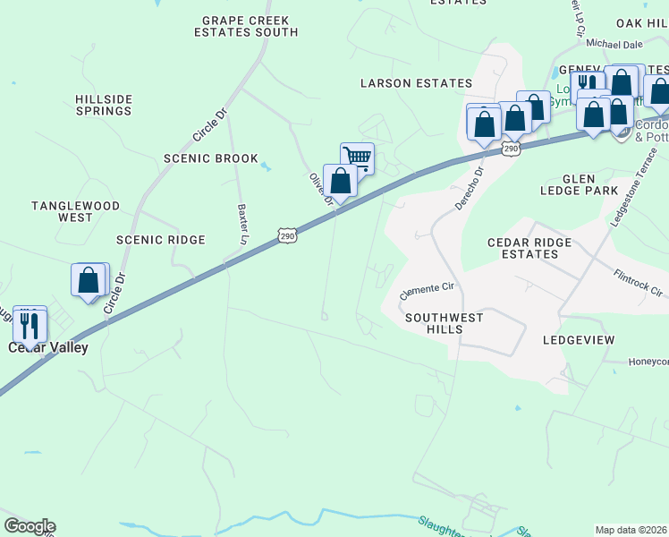 map of restaurants, bars, coffee shops, grocery stores, and more near 10205 Oliver Drive in Austin