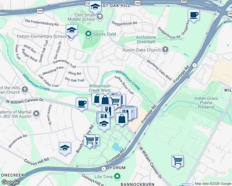 map of restaurants, bars, coffee shops, grocery stores, and more near 4515 Langtry Lane in Austin