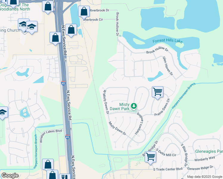 map of restaurants, bars, coffee shops, grocery stores, and more near 47 Shimmer Pond Place in Conroe