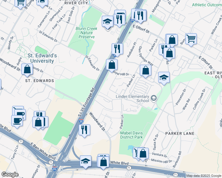 map of restaurants, bars, coffee shops, grocery stores, and more near 1720 Timber Ridge Road in Austin